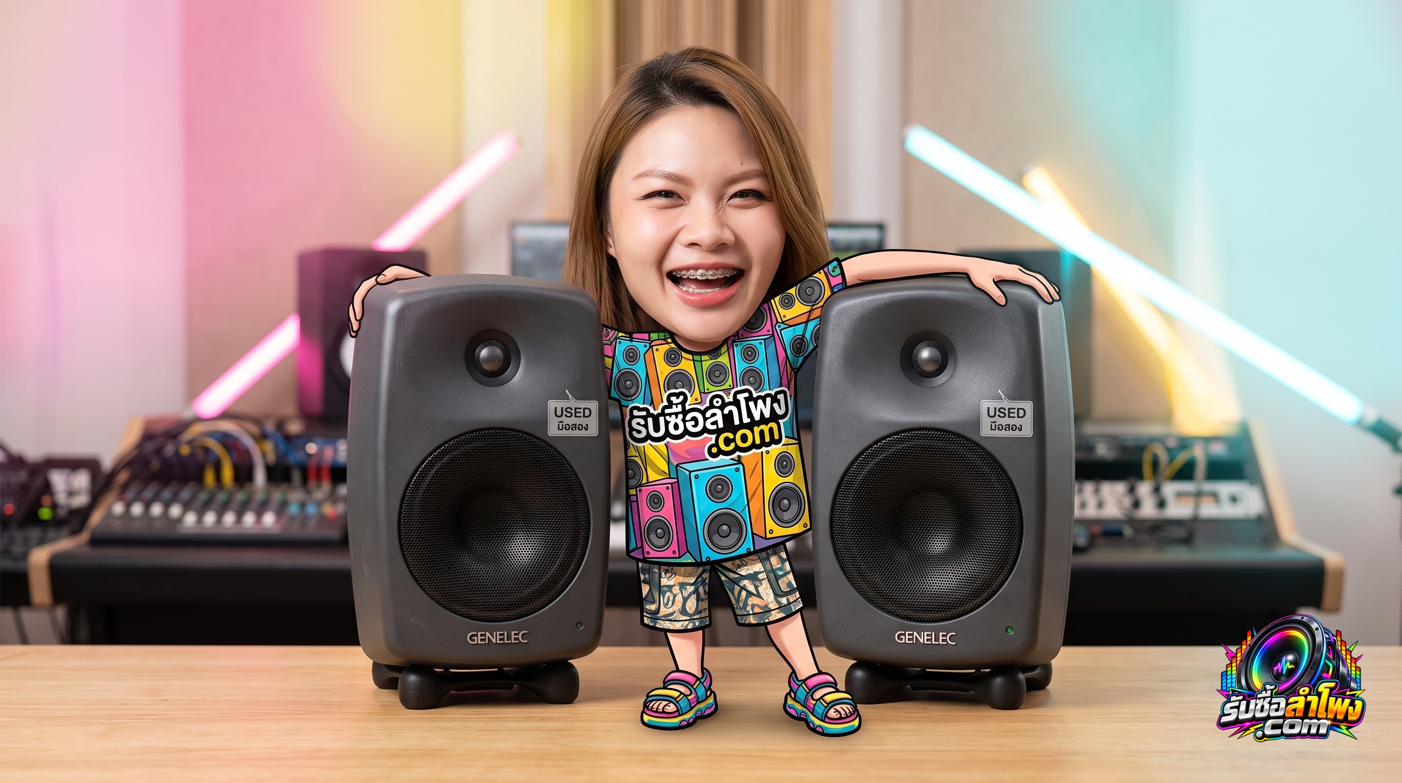 ลำโพงสตูดิโอมอนิเตอร์ Genelec 8030C บนโต๊ะทำงานในห้องบันทึกเสียง