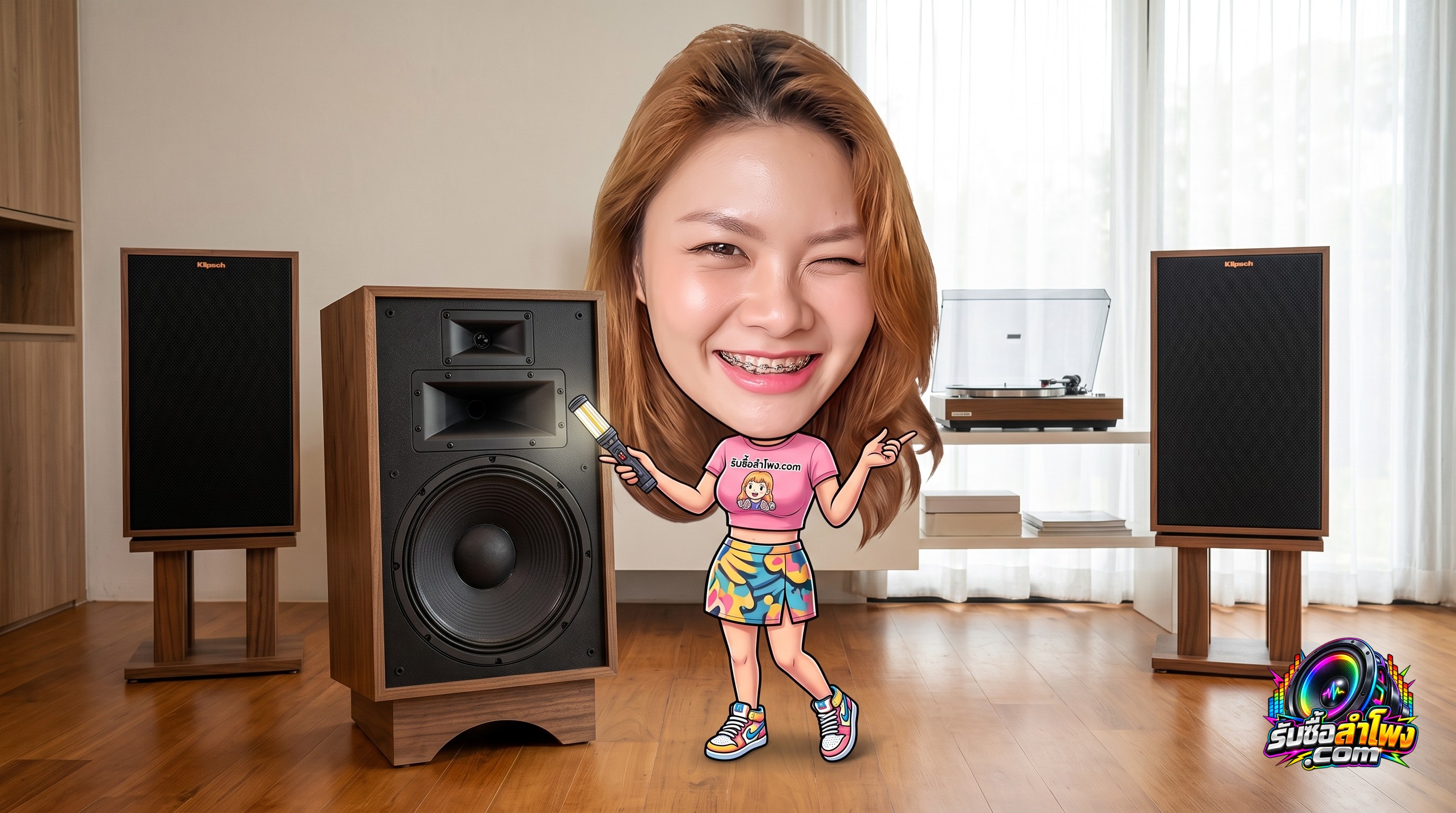 ลำโพงวินเทจ Klipsch Heresy IV วางบนพื้นห้องสไตล์คลาสสิก แสดงให้เห็นรายละเอียดตู้ไม้วีเนียร์และดอกลำโพงฮอร์น