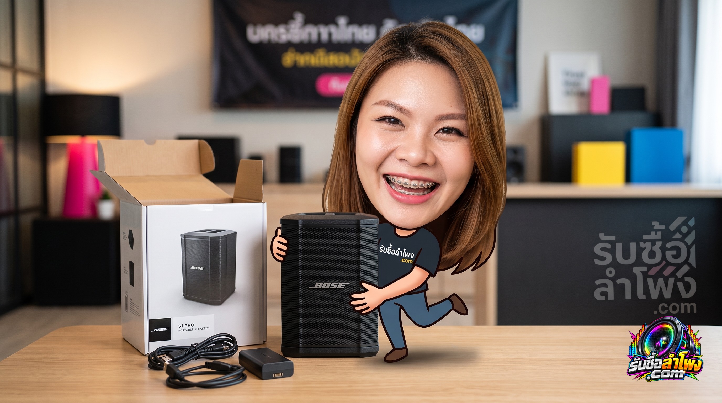 ลำโพง Bose S1 Pro พร้อมอุปกรณ์เสริม สายไฟ และกล่องบรรจุภัณฑ์สำหรับการเตรียมส่งต่อและประเมินสภาพ