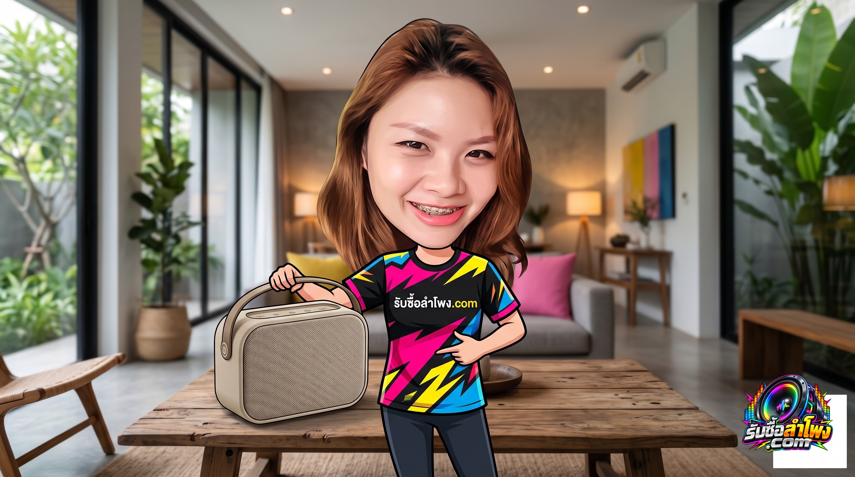 ลำโพง Devialet Mania บนโต๊ะไม้ในห้องนั่งเล่นสำหรับการประเมินสภาพรับซื้อลำโพงมือสอง