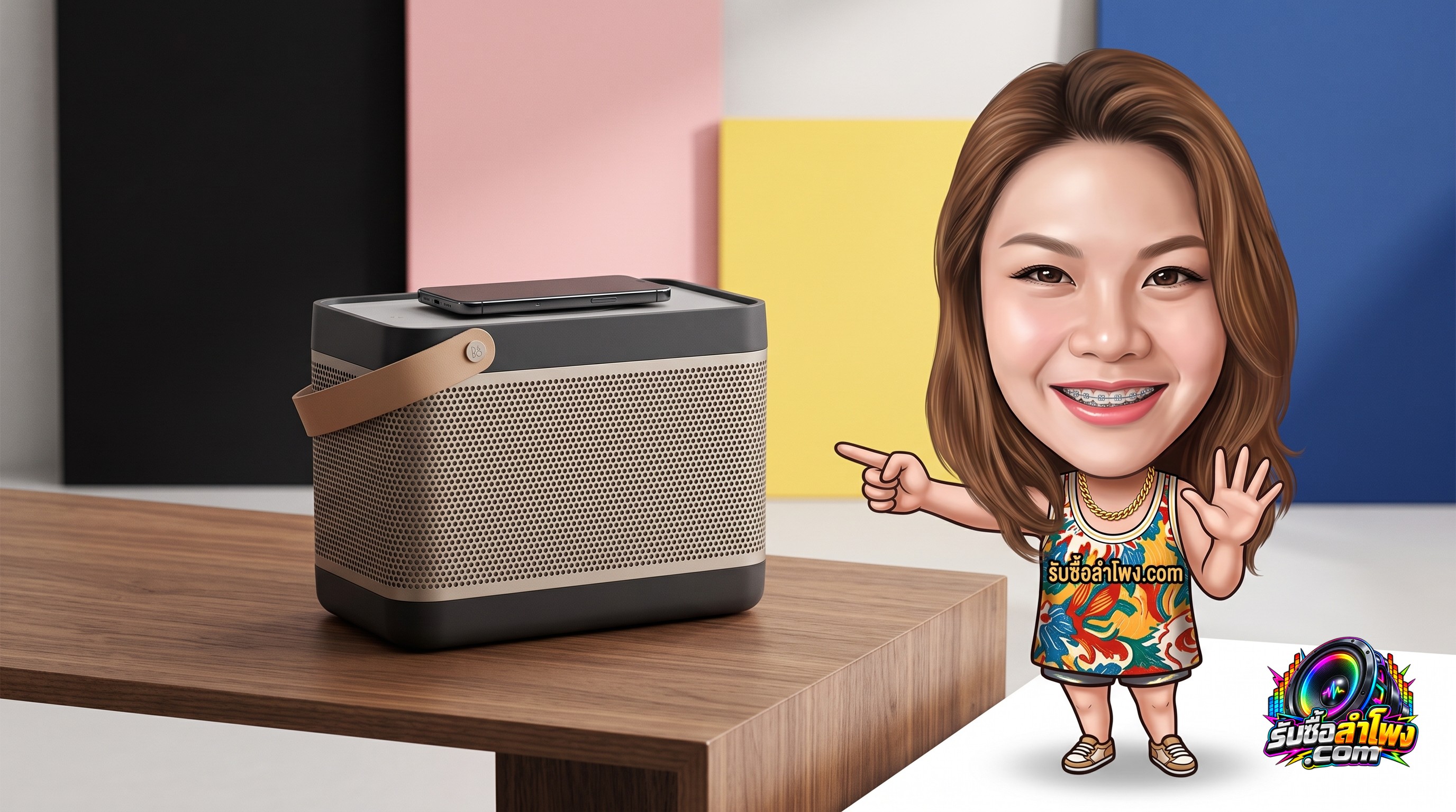ลำโพงพกพา Bang & Olufsen Beolit 20 แสดงจุดเด่นสายหูหิ้วหนังแท้และแท่นชาร์จไร้สายด้านบน