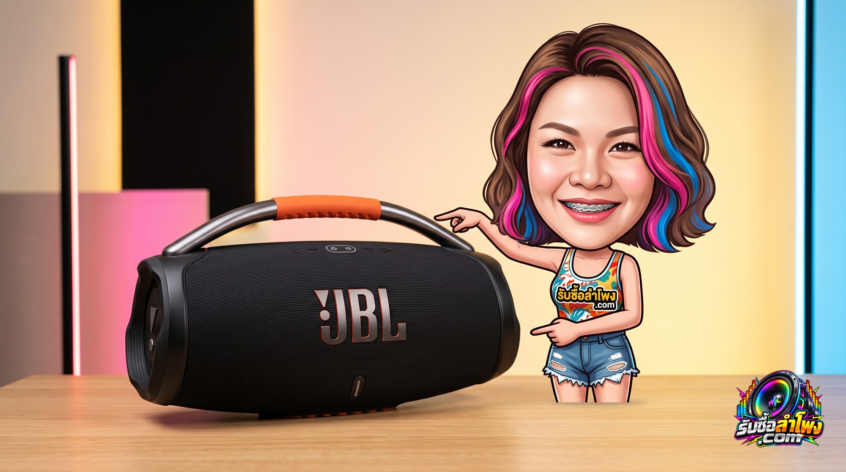 ลำโพง JBL Boombox 3 แสดงกริปมือจับโลหะและโครงสร้างดอกลำโพงสำหรับการตรวจสภาพมือสอง