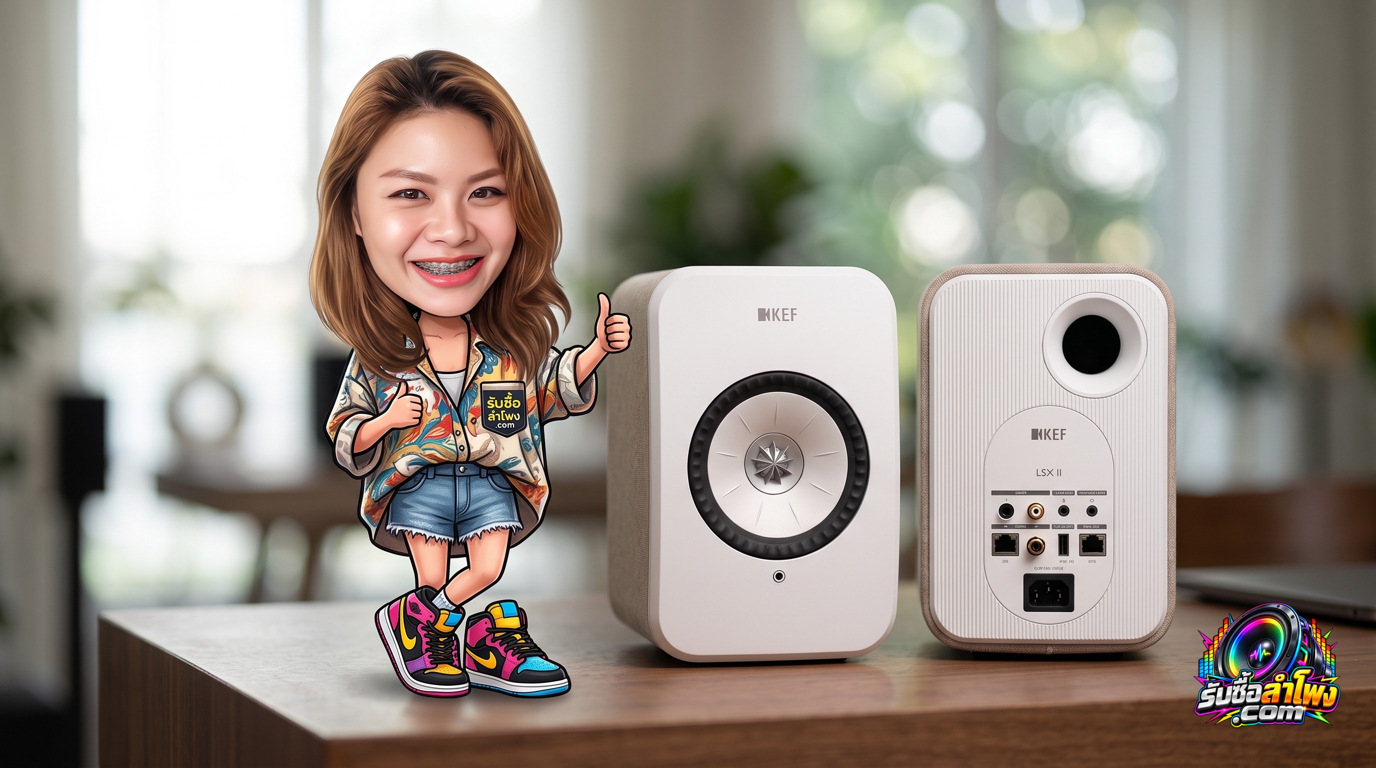 ลำโพง KEF LSX II บนโต๊ะทำงาน ตรวจสอบสภาพและพอร์ตเชื่อมต่อก่อนขายมือสอง