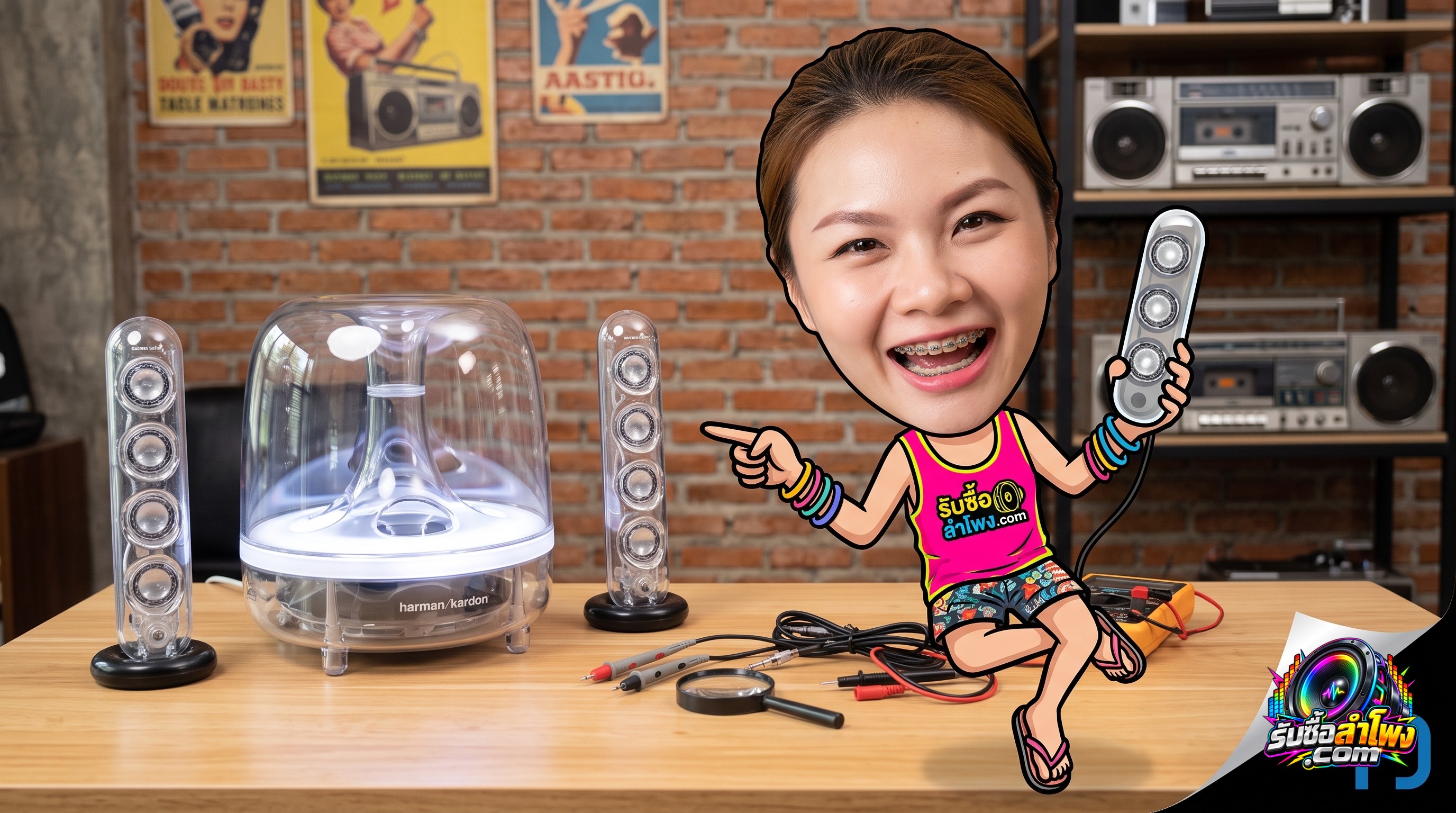 ลำโพง Harman Kardon SoundSticks 4 บอดี้โดมใสพร้อมลำโพงแซทเทิลไลท์สำหรับตรวจเช็กก่อนส่งประเมิน