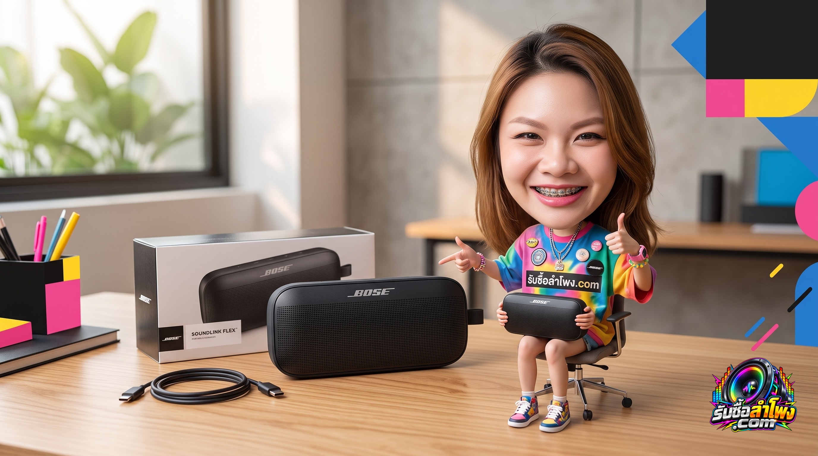 ลำโพงพกพา Bose SoundLink Flex วางคู่กับกล่องบรรจุภัณฑ์และอุปกรณ์สายชาร์จ