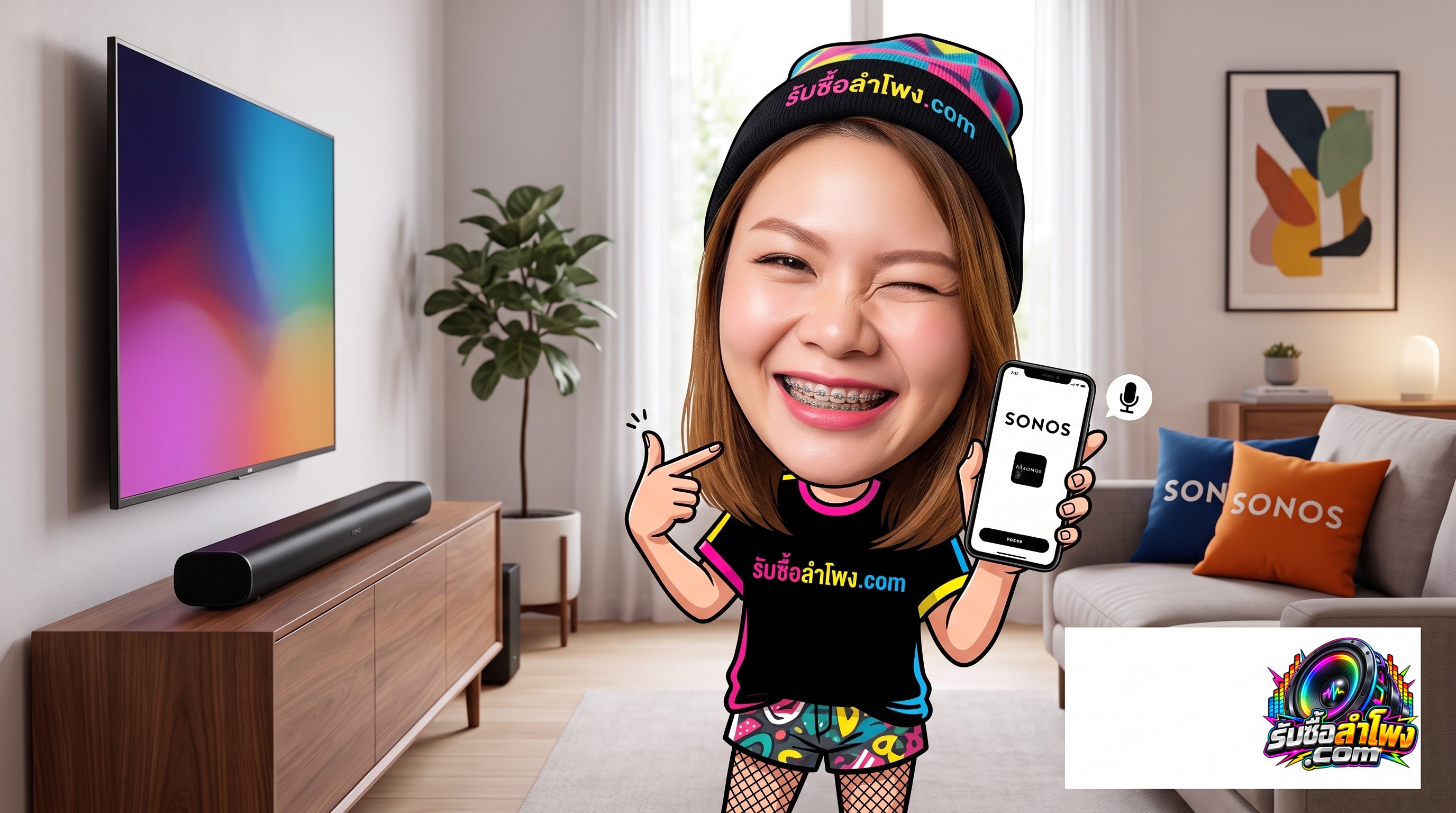 ลำโพงซาวด์บาร์ Sonos Arc วางบนชั้นวางทีวีสำหรับการตรวจเช็กระบบเสียง Dolby Atmos
