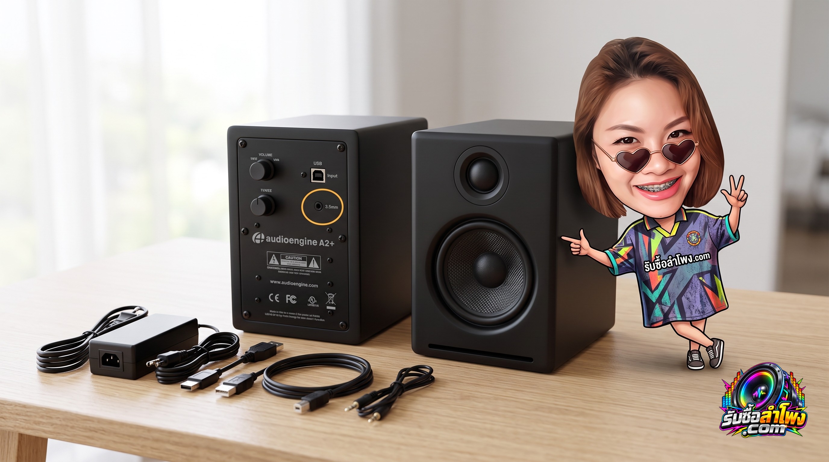 ลำโพง Audioengine A2+ สีดำวางบนโต๊ะทำงานพร้อมสายเชื่อมต่อ USB และอะแดปเตอร์เพื่อเตรียมตรวจเช็กสภาพ