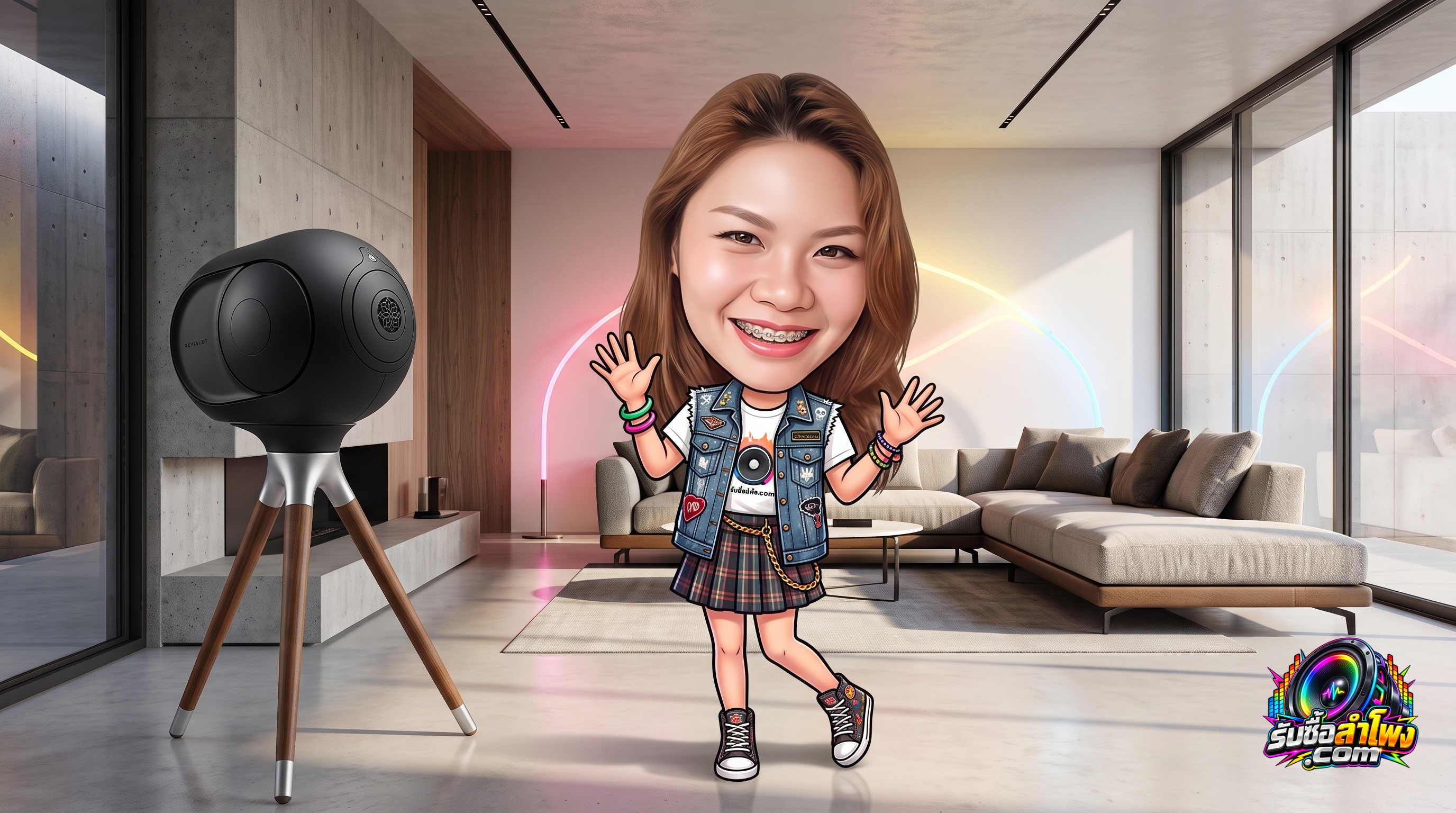 ลำโพง Devialet Phantom I บนขาตั้ง ในห้องนั่งเล่นสไตล์โมเดิร์น พร้อมสำหรับการประเมินสภาพ