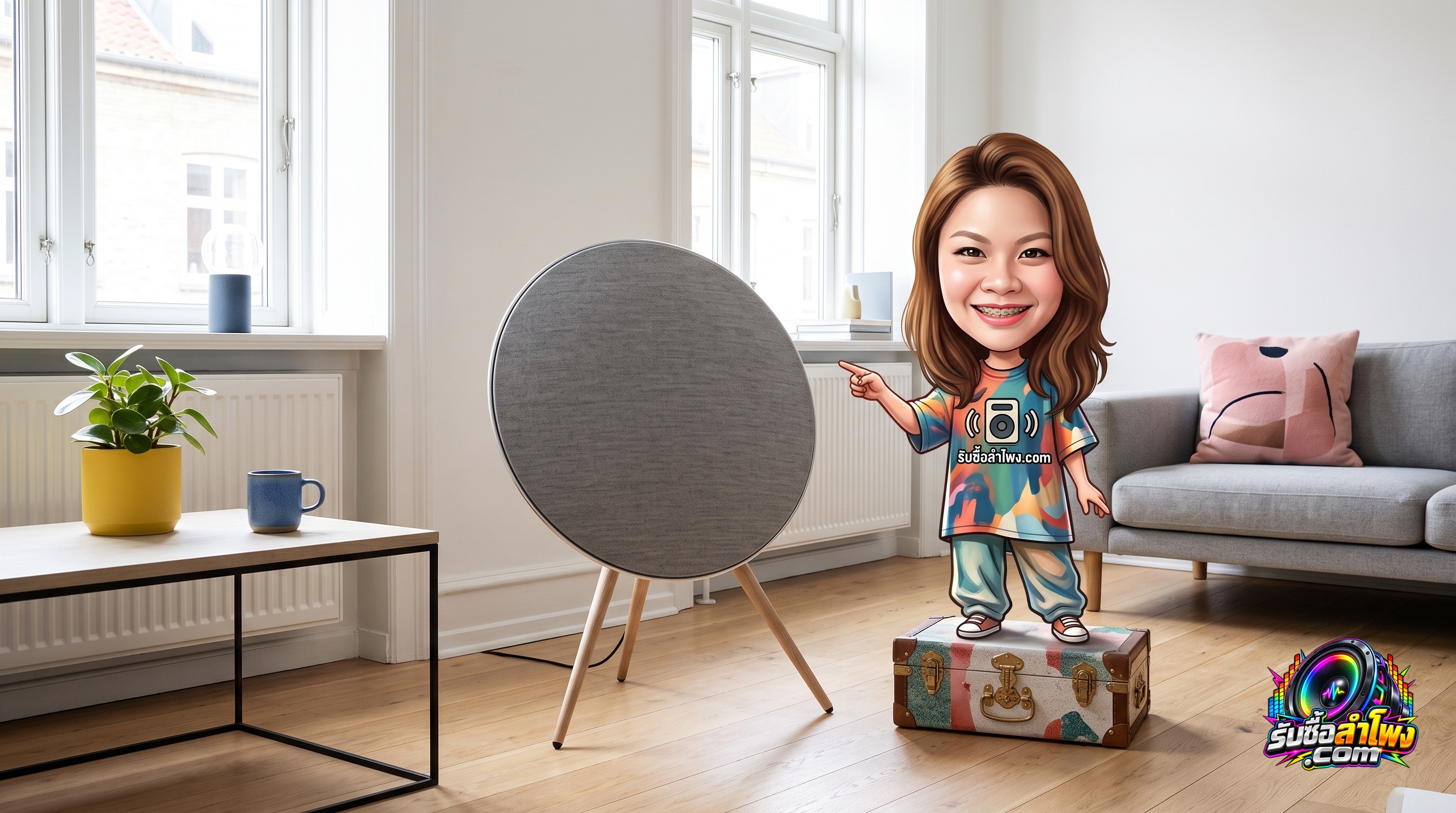 ลำโพง Bang & Olufsen Beoplay A9 บนขาตั้งไม้ดีไซน์คลาสสิกในห้องนั่งเล่น