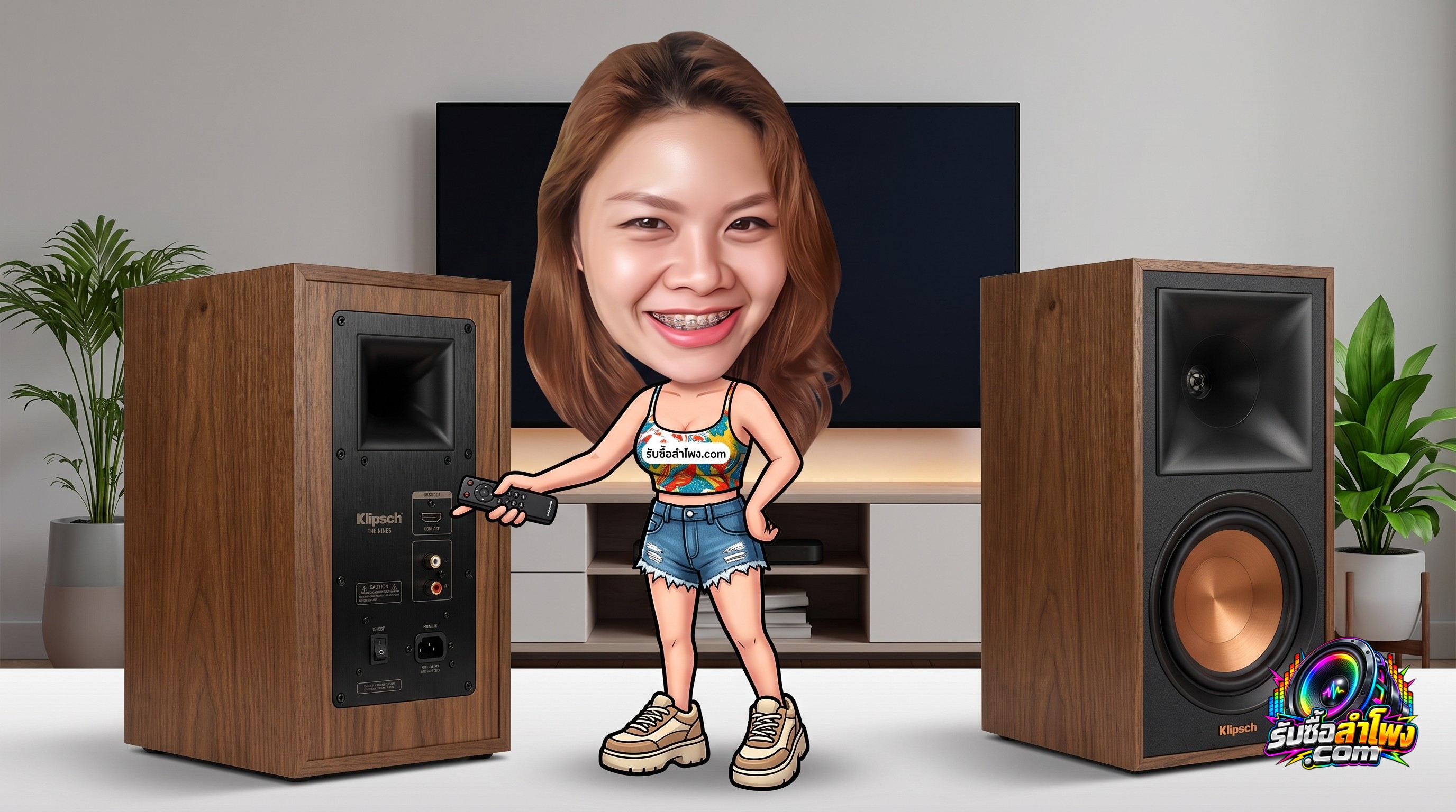 ลำโพง Klipsch The Nines แสดงการเชื่อมต่อ HDMI ARC และรีโมตคอนโทรลสำหรับการตรวจเช็กก่อนประเมินราคา