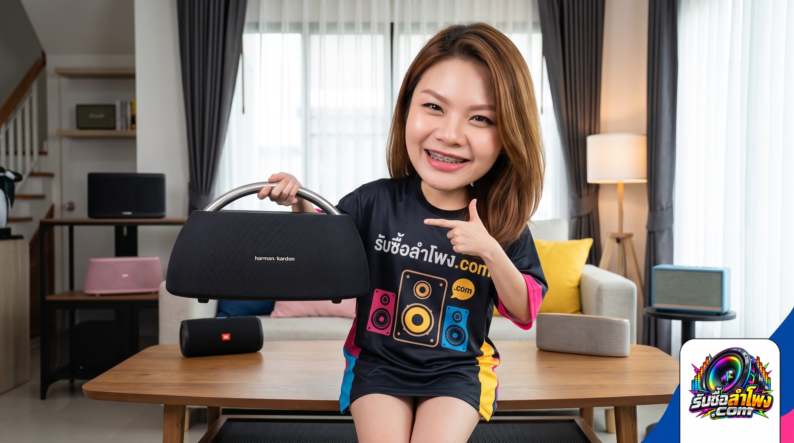 ลำโพงบลูทูธ Harman Kardon Go+Play 3 มือสอง แสดงหูหิ้วอะลูมิเนียมและบอดี้ผ้าถักบนโต๊ะไม้