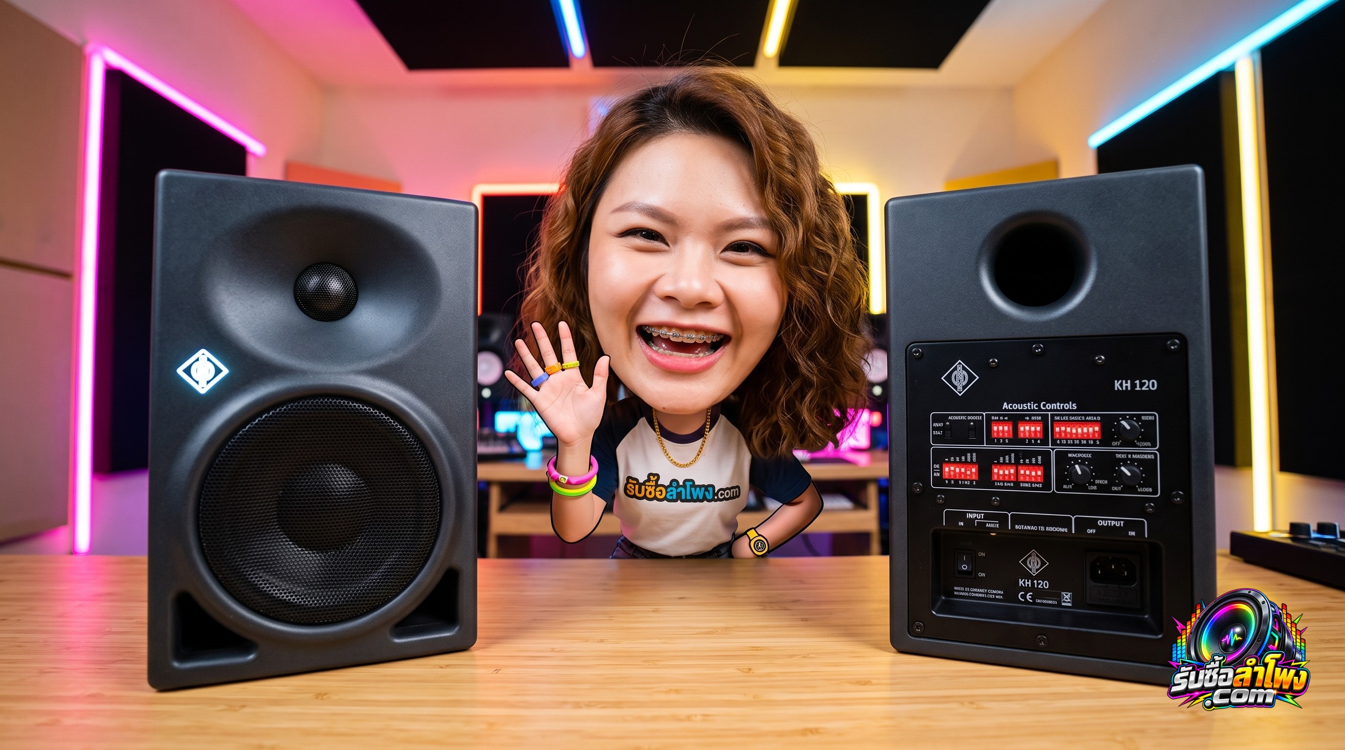 ลำโพงสตูดิโอมอนิเตอร์ Neumann KH 120 แสดงไฟโลโก้และแผงสวิตช์ Acoustic Controls ด้านหลัง