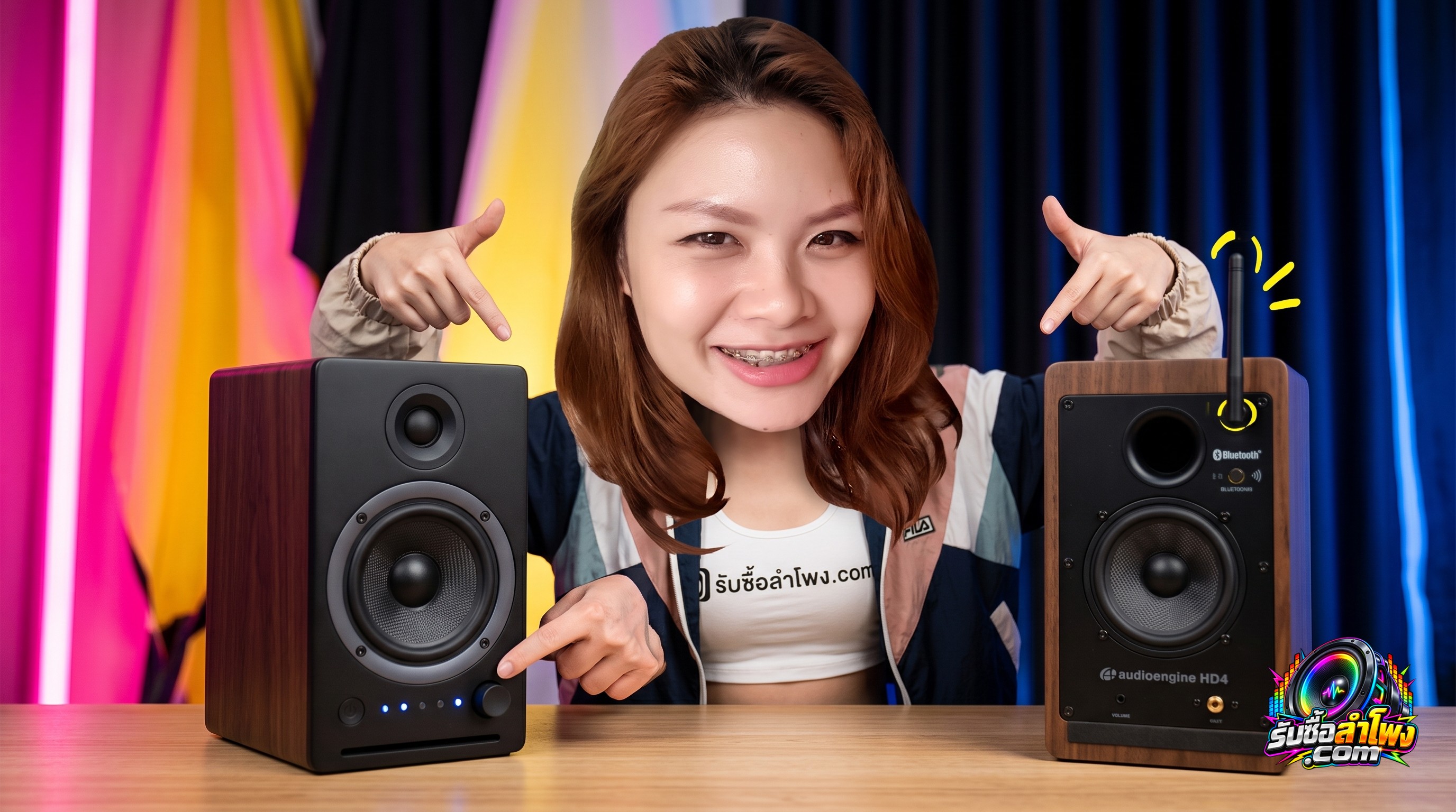 ลำโพงบลูทูธตั้งโต๊ะ Audioengine HD4 ตรวจสอบปุ่มปรับเสียงและเสาสัญญาณก่อนส่งประเมิน