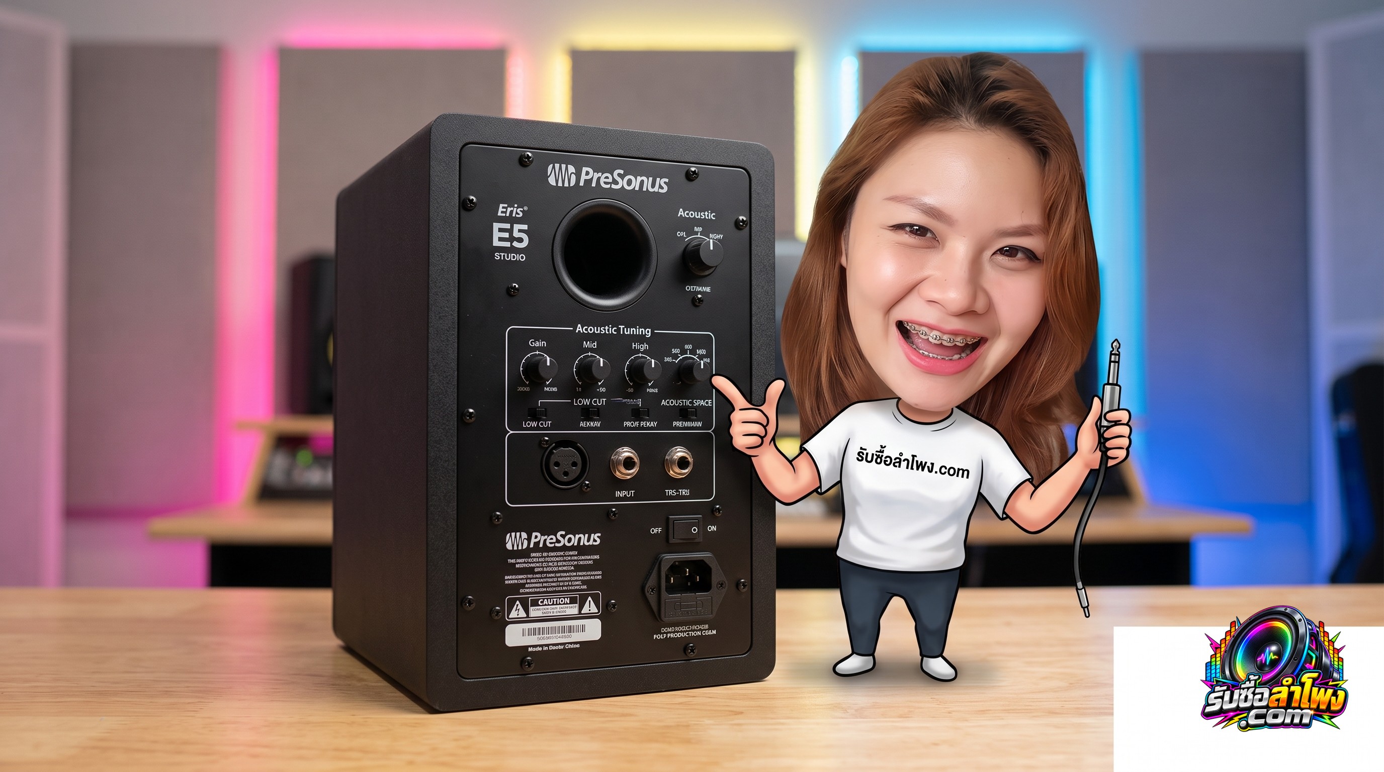 แผงควบคุมด้านหลังลำโพง PreSonus Eris E5 แสดงปุ่ม Acoustic Tuning และช่องต่อ XLR TRS