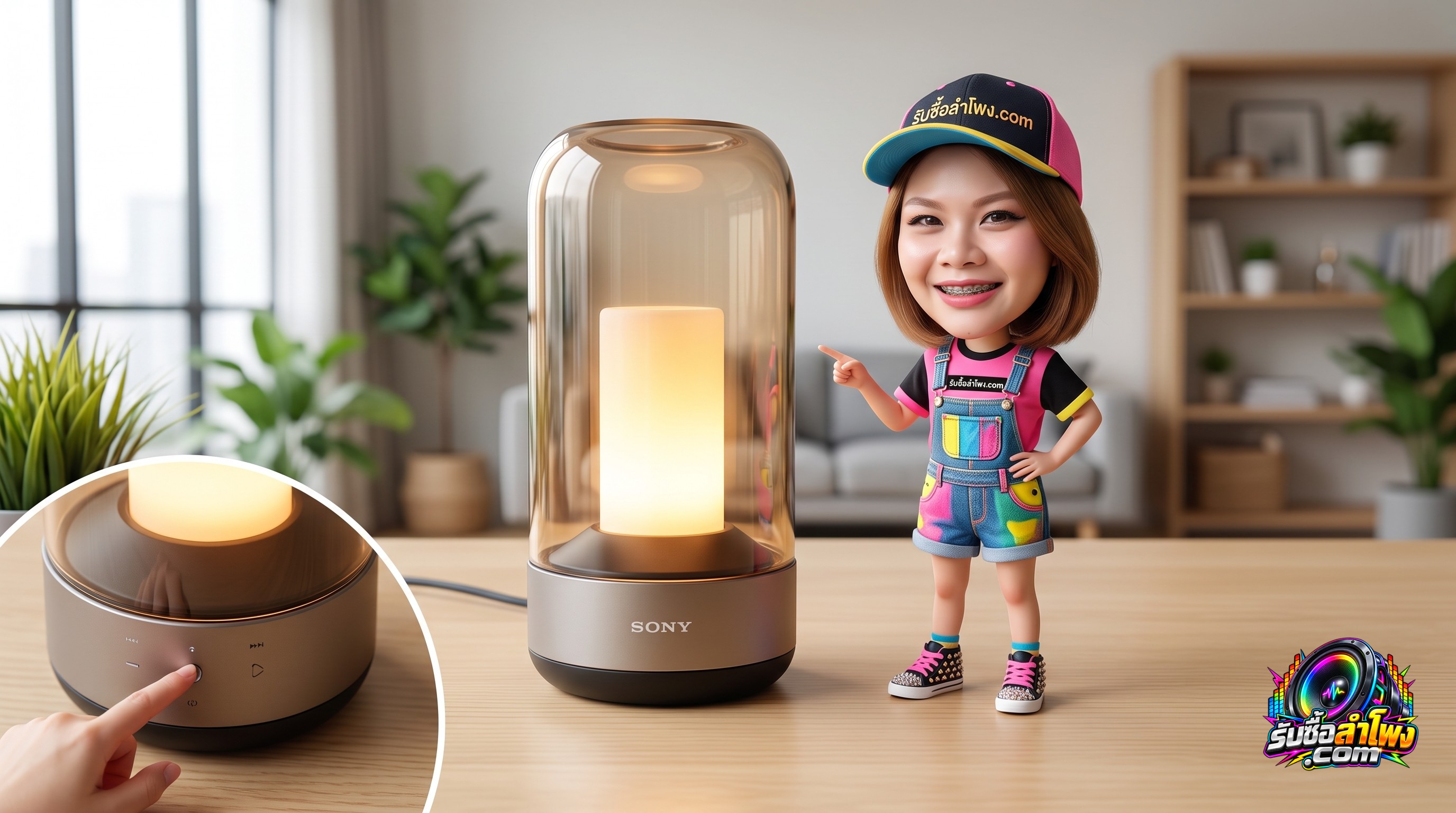 ลำโพงบลูทูธ Sony LSPX-S3 หลอดแก้วออร์แกนิกเปิดโหมดแสงเทียนบนโต๊ะทำงาน