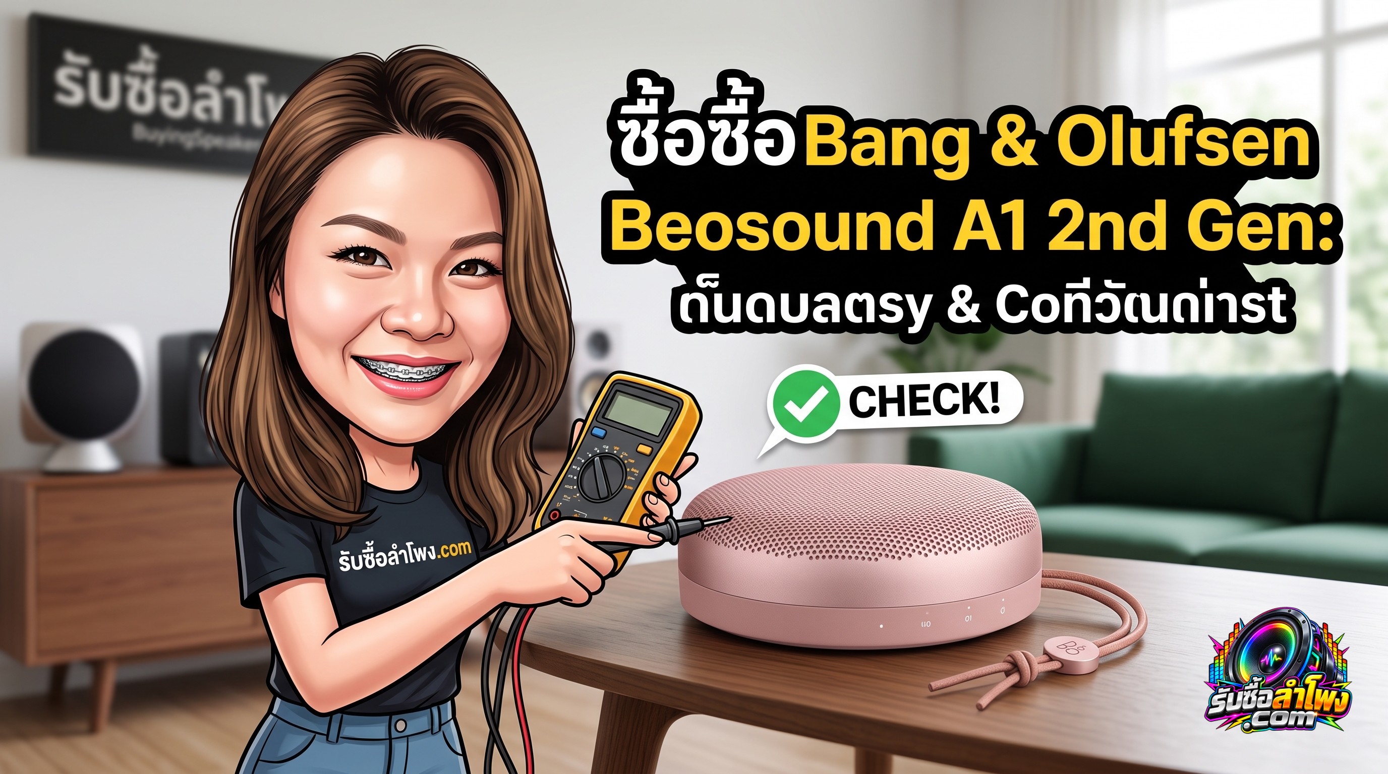 Bang & Olufsen Beosound A1 2nd Gen บนโต๊ะไม้ ตรวจสอบสภาพอะลูมิเนียมและสายหนัง