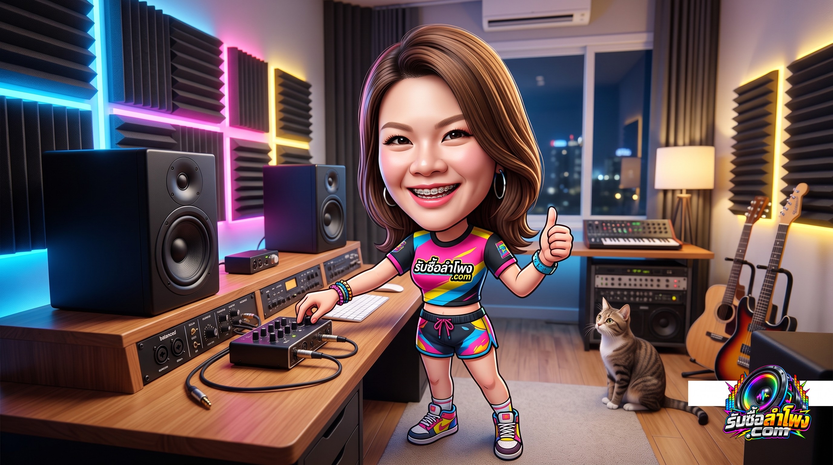 การตรวจเช็กและทดสอบลำโพงสตูดิโอมอนิเตอร์บนโต๊ะทำงานห้องอัดเสียง