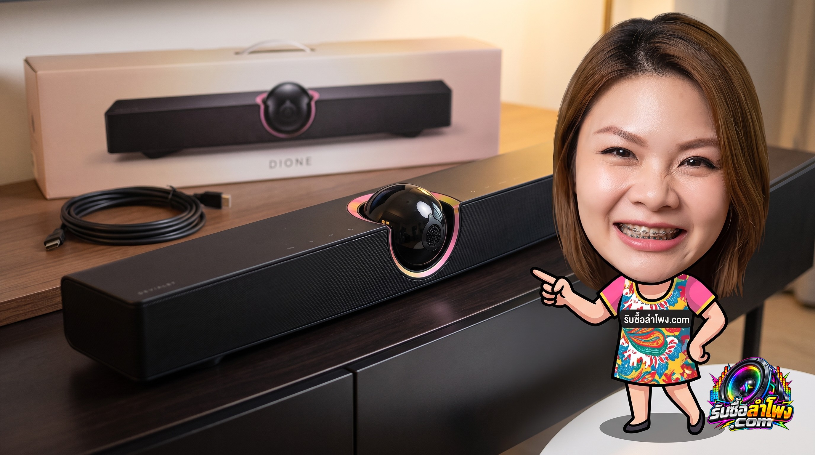ลำโพงซาวด์บาร์ Devialet Dione พร้อมสาย HDMI และกล่องบรรจุภัณฑ์จัดวางบนโต๊ะคอนโซล