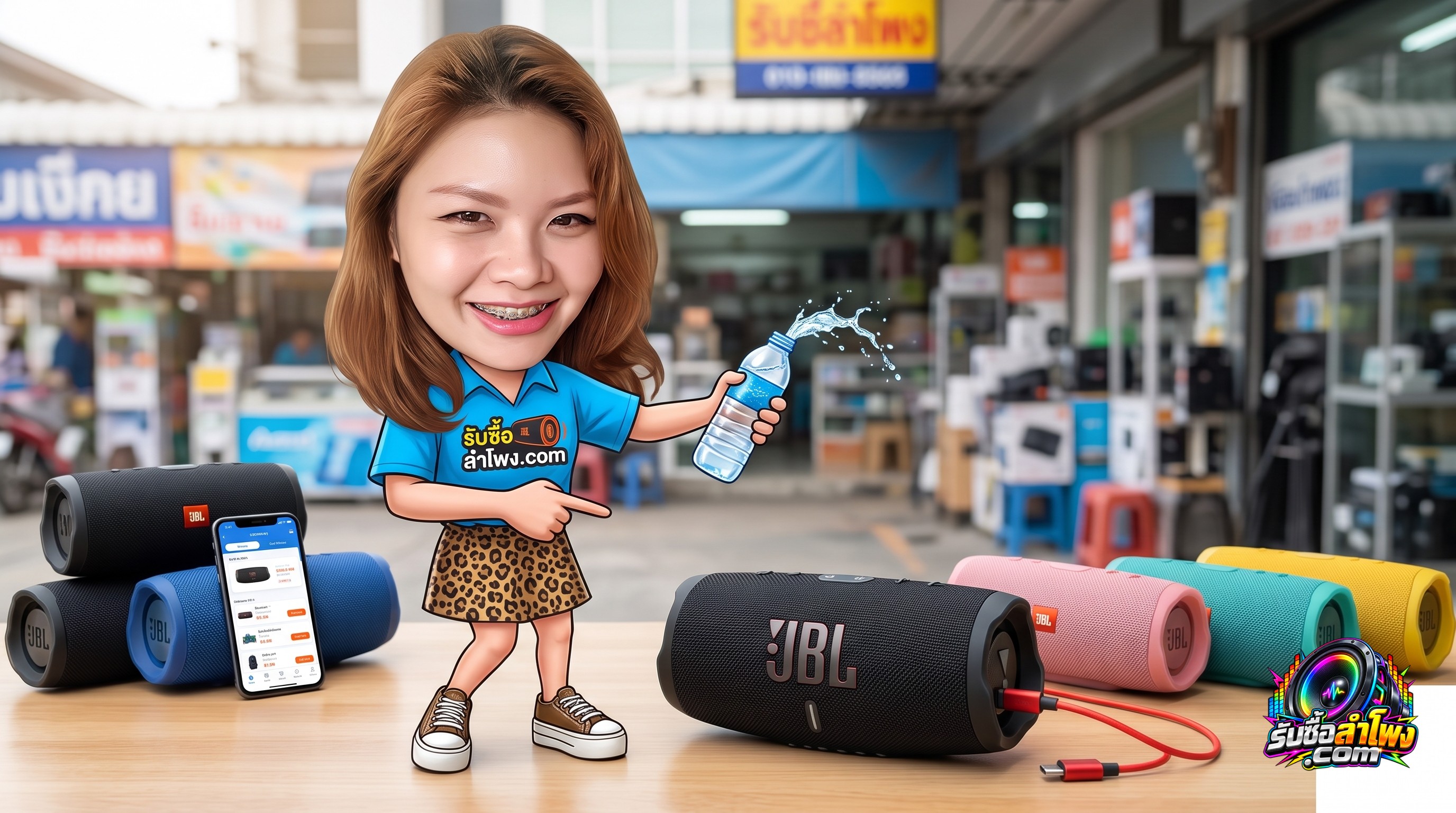ลำโพง JBL Charge 5 มือสอง วางบนโต๊ะไม้ แสดงรายละเอียดตัวเครื่องและพอร์ตชาร์จ