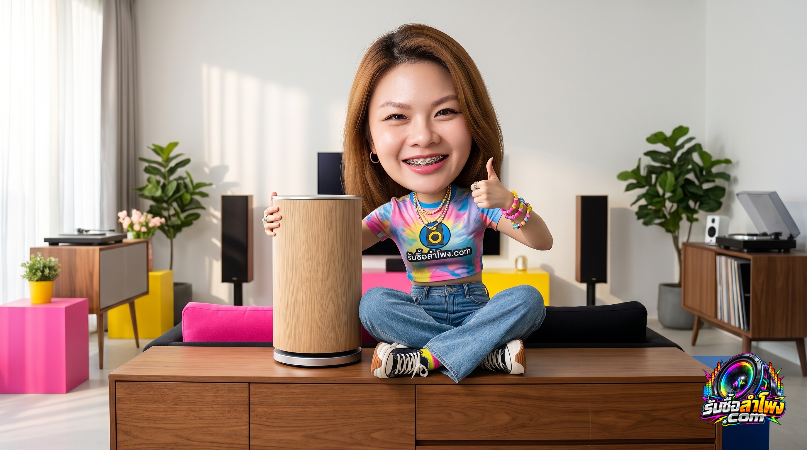ลำโพง Bang & Olufsen Beosound Level หน้ากากไม้โอ๊ค จัดวางบนโต๊ะในห้องนั่งเล่นสไตล์โมเดิร์น