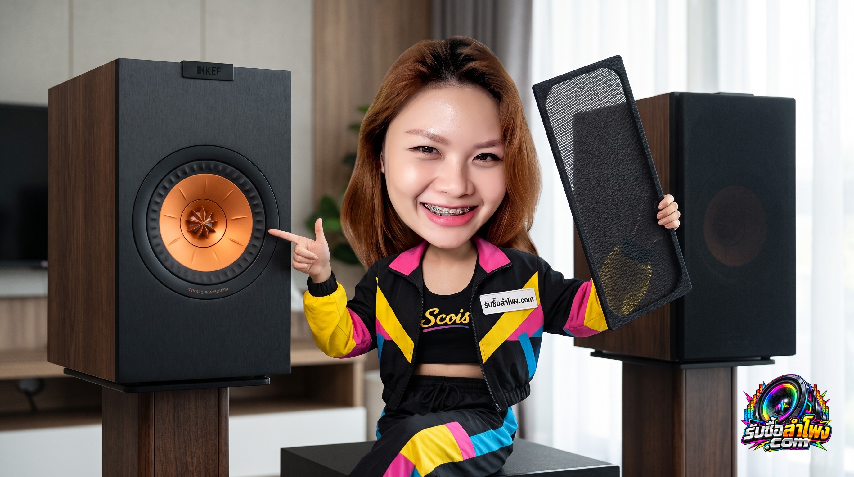 ลำโพง KEF Q350 แสดงดอกลำโพง Uni-Q และหน้ากากแม่เหล็กสำหรับการตรวจเช็กสภาพก่อนขายมือสอง