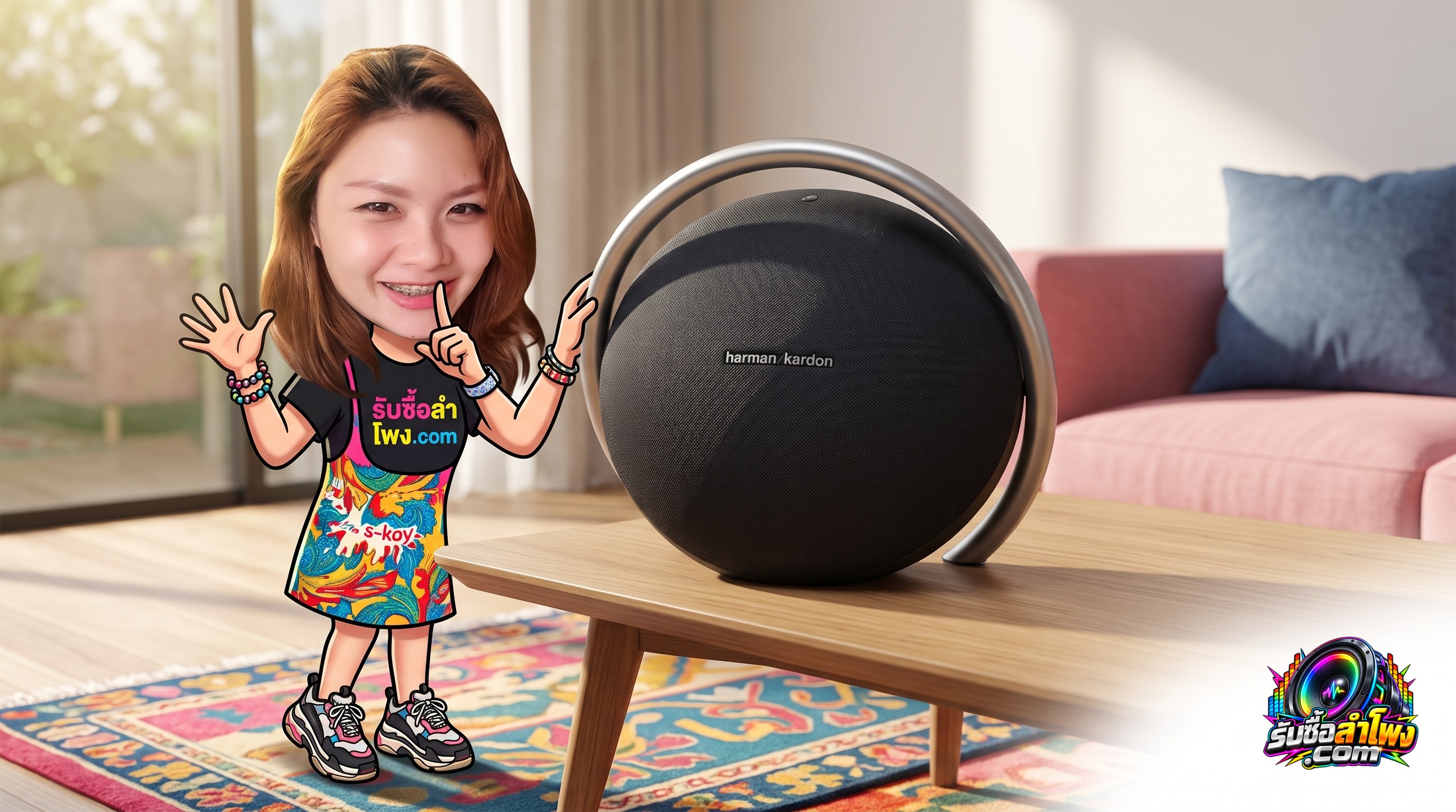 ลำโพงบลูทูธ Harman Kardon Onyx Studio 8 สีดำพร้อมกริปอะลูมิเนียมวางบนโต๊ะไม้สำหรับตรวจเช็กสภาพรับซื้อลำโพงมือสอง