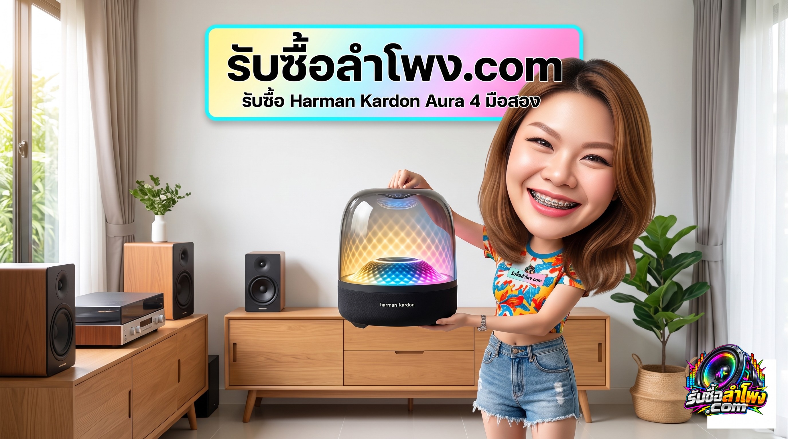 ลำโพง Harman Kardon Aura Studio 4 วางบนโต๊ะเครื่องเสียงบ้านพร้อมไฟแอมเบียนต์