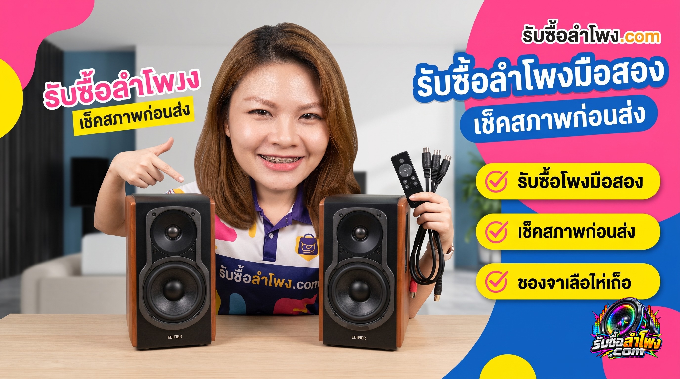 ลำโพงคู่ Edifier S2000MKIII พร้อมรีโมตคอนโทรลและสายเชื่อมต่อ 5-pin วางบนโต๊ะสำหรับเตรียมส่งประเมินราคาขายลำโพงมือสอง