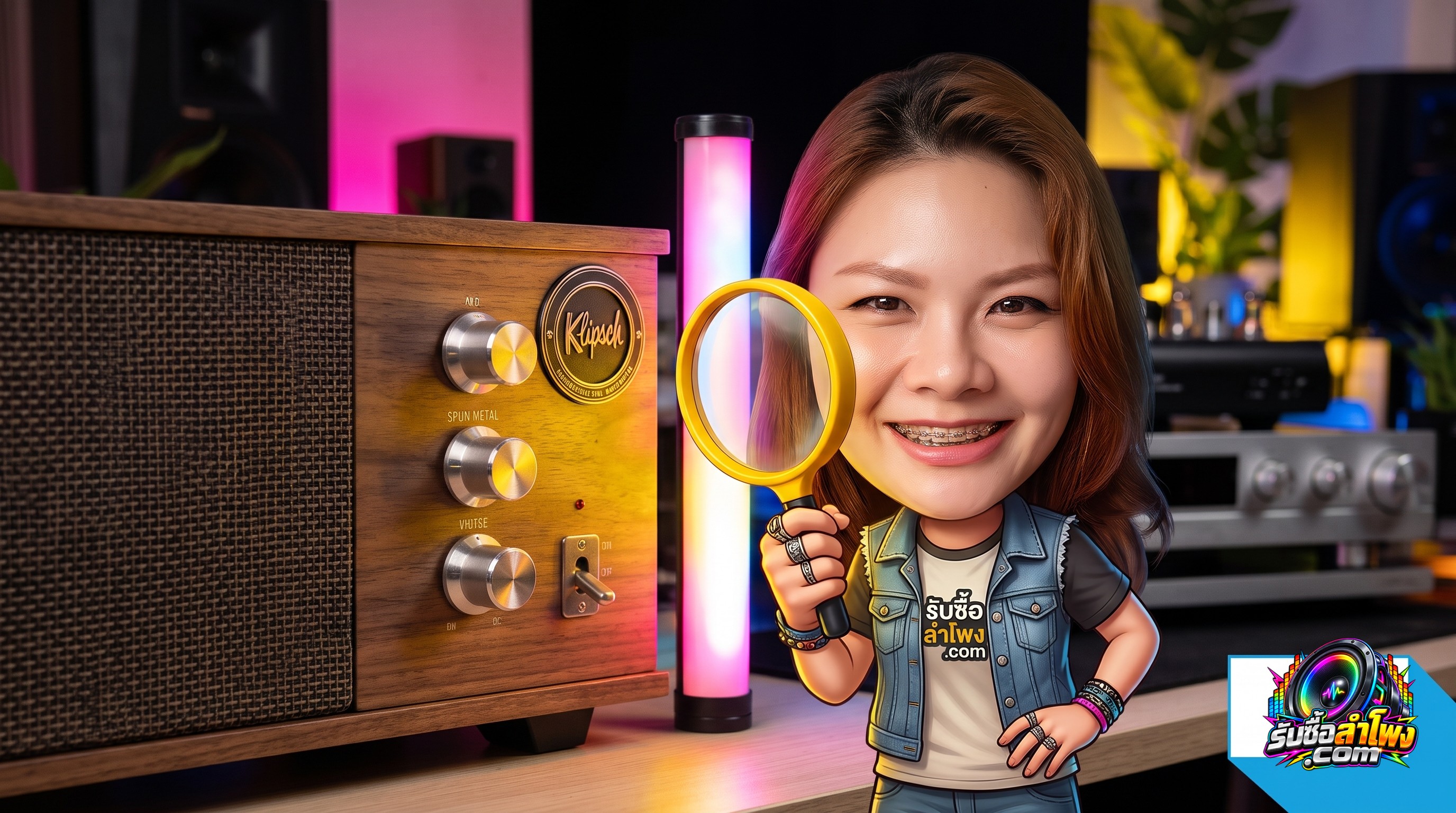 การตรวจเช็กผิวไม้วีเนียร์และลูกบิดโลหะของลำโพง Klipsch The Three II มือสอง