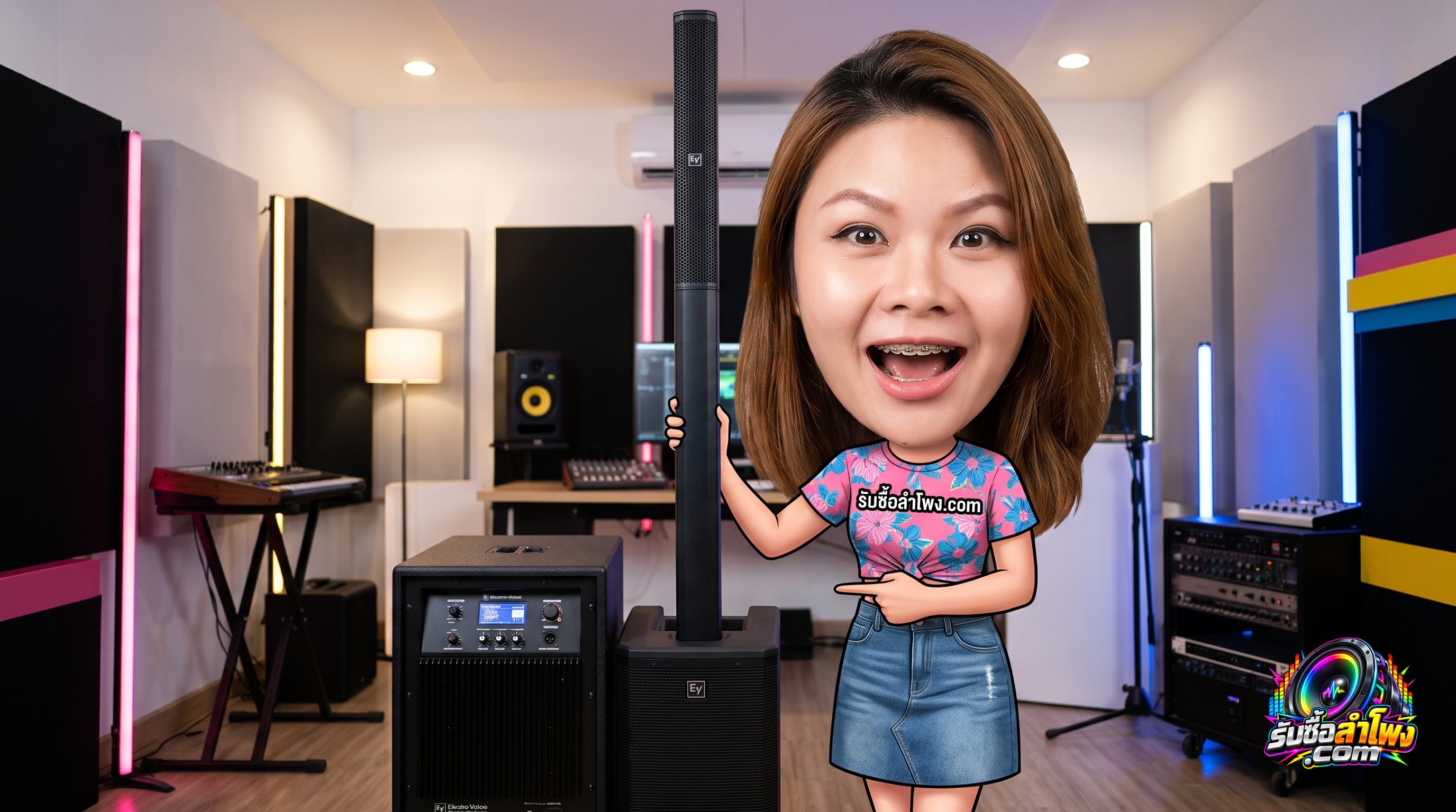 ชุดเครื่องเสียงคอลัมน์ Electro-Voice Evolve 30M แสดงตัวซับวูฟเฟอร์ หน้าจอมิกเซอร์ดิจิทัล และเสาลำโพง