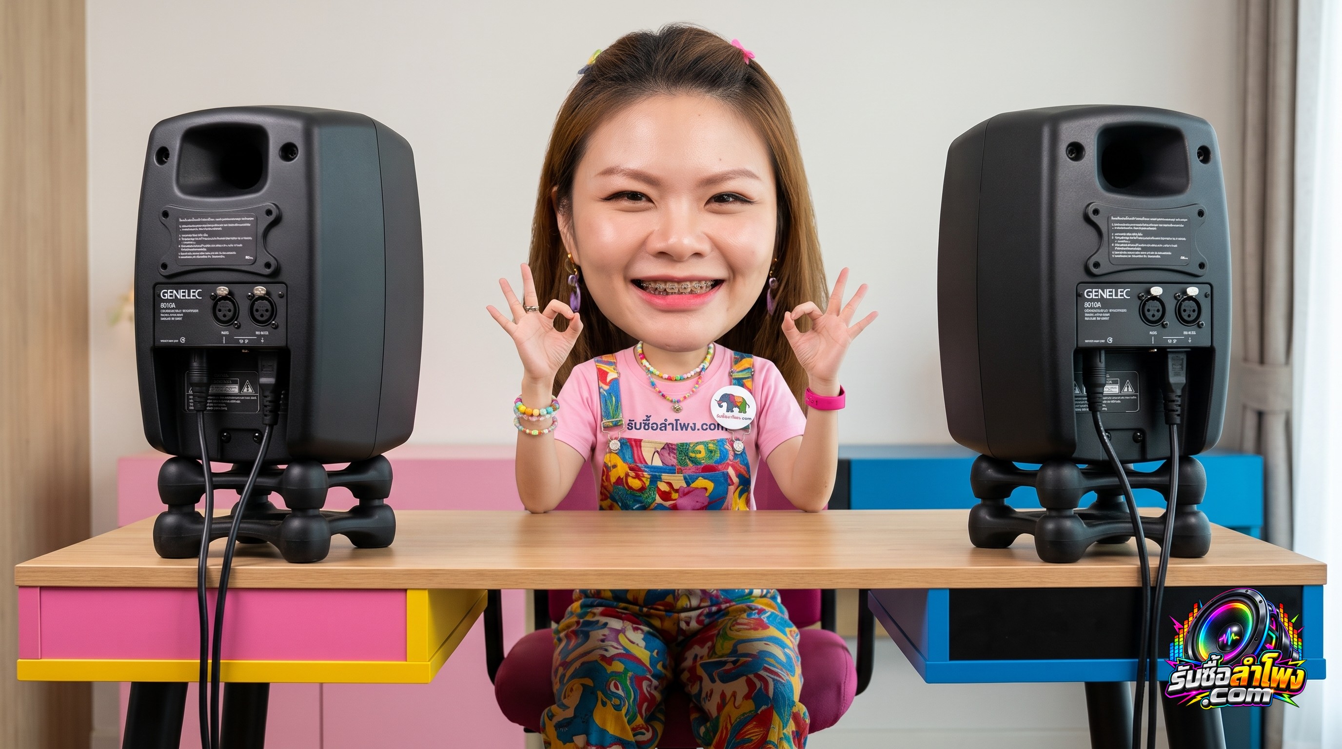 ลำโพงมอนิเตอร์ Genelec 8010A ตัวตู้หล่ออะลูมิเนียมพร้อมฐานยาง Iso-Pod บนโต๊ะทำงานสตูดิโอ