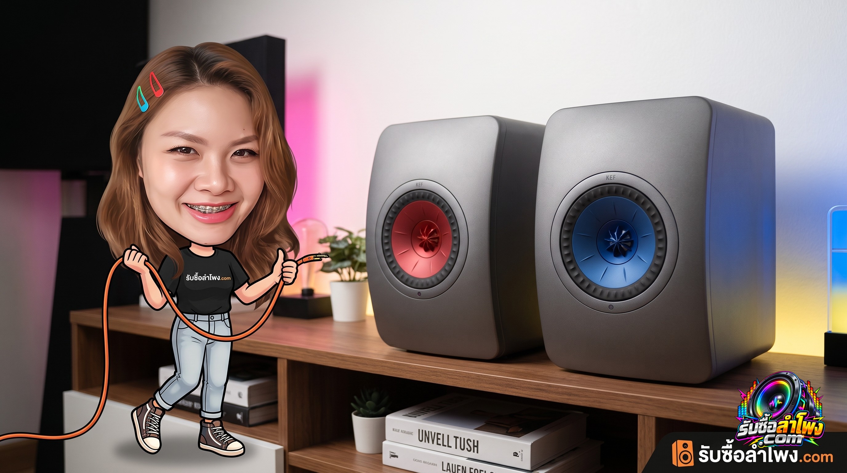 ลำโพง KEF LS50 Wireless II วางบนโต๊ะไม้สำหรับตรวจเช็กสภาพระบบเชื่อมต่อและดอกลำโพง