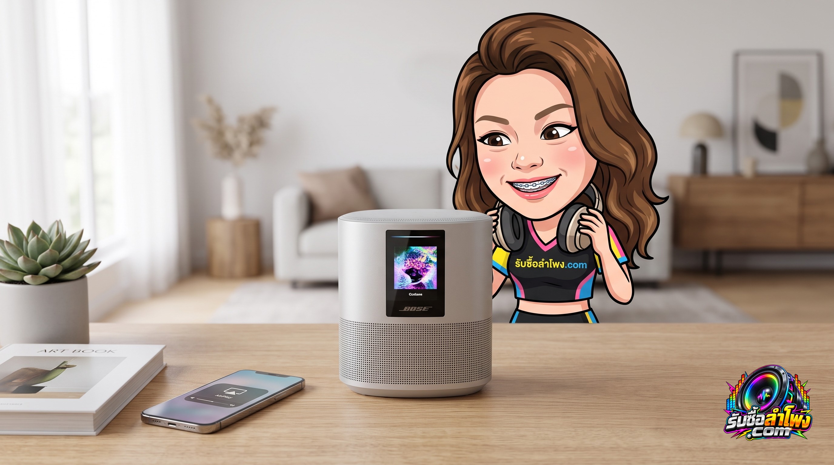 ลำโพง Bose Smart Speaker 500 แสดงหน้าจอสี LCD บนโต๊ะไม้สำหรับเตรียมตรวจเช็กสภาพส่งประเมินราคา