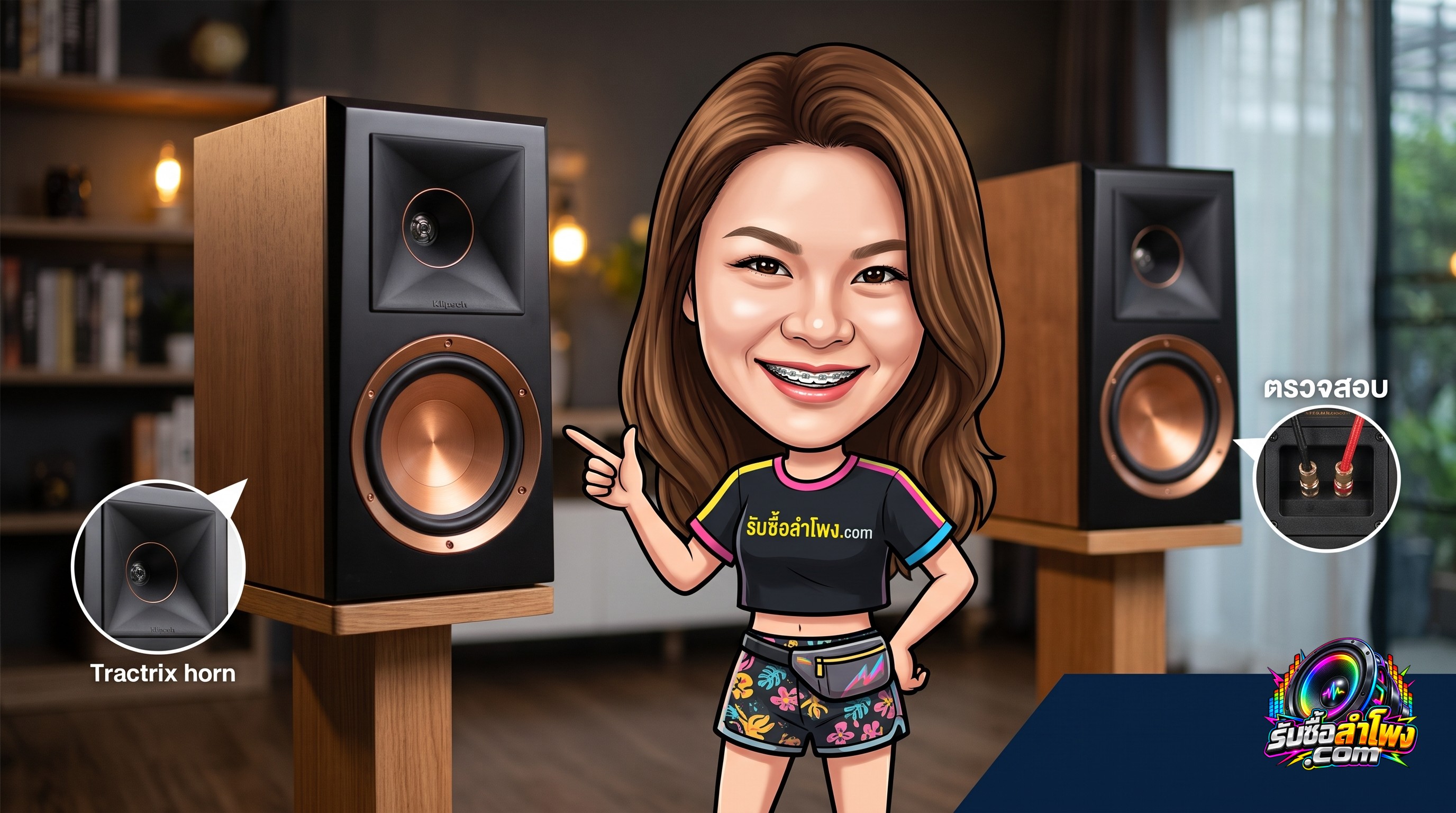 ลำโพง Klipsch RP-600M แสดงรายละเอียดปากฮอร์น Tractrix และดอกวูฟเฟอร์ Cerametallic สำหรับการตรวจเช็กสภาพรับซื้อเครื่องเสียงบ้าน