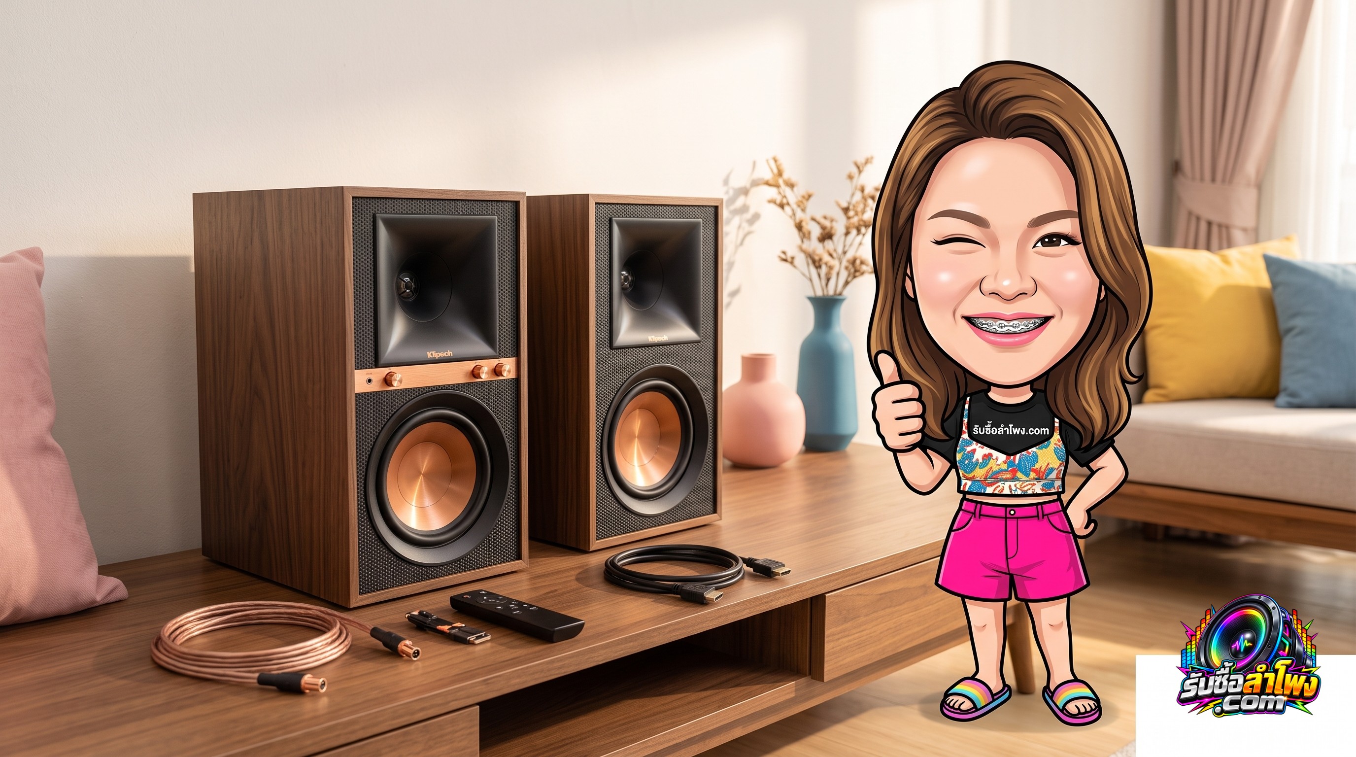ลำโพง Klipsch The Fives พร้อมชุดสายเชื่อมต่อและรีโมตคอนโทรล เตรียมพร้อมสำหรับขายลำโพงมือสอง